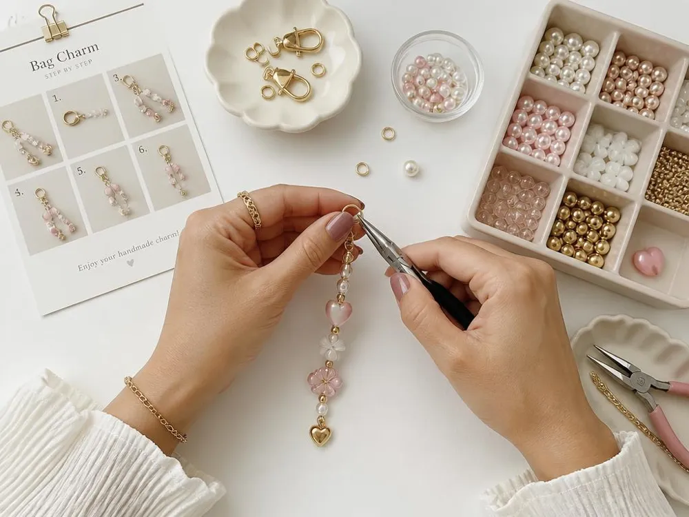 Manos armando un bag charm con perlas y dijes junto a una ficha visual del catálogo