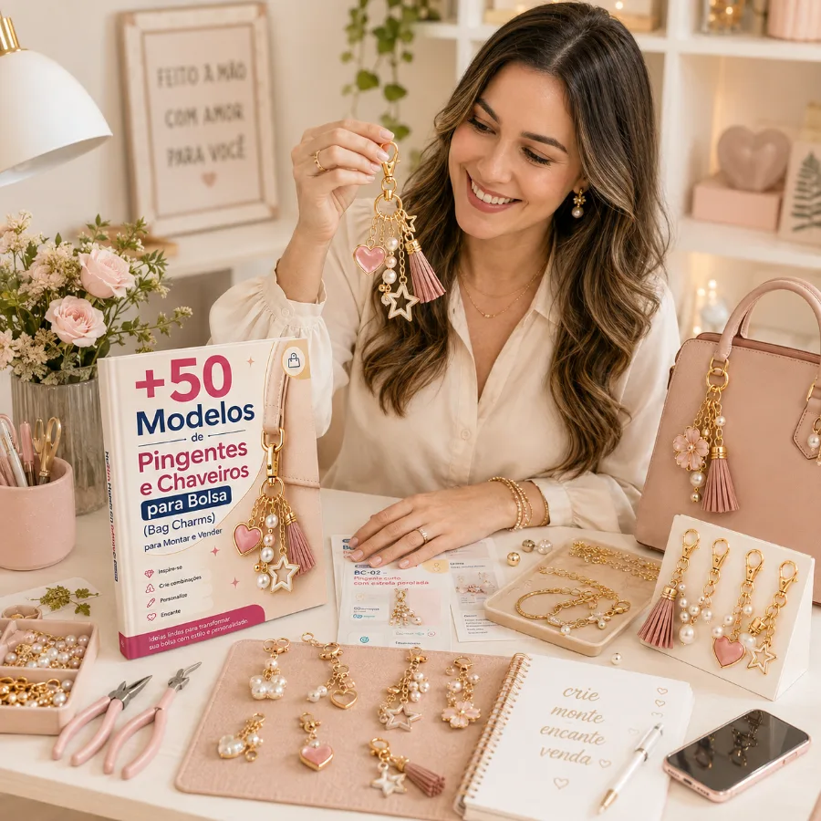 Mujer sonriendo mientras muestra un bag charm terminado con estrella y corazón