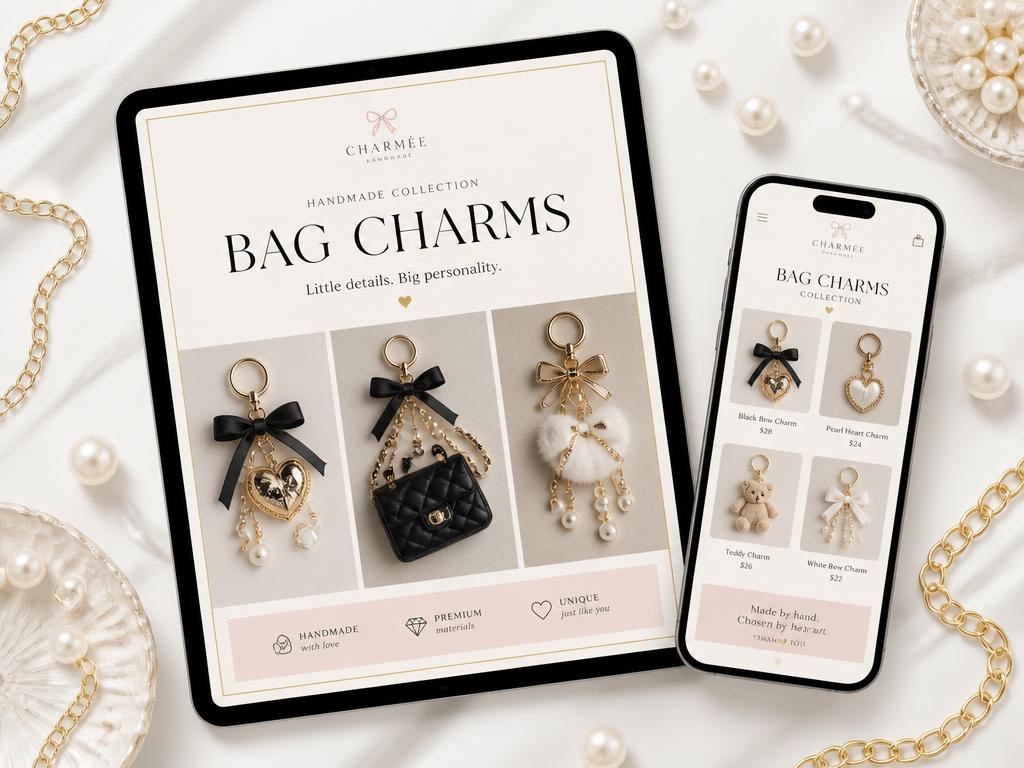 Catálogo digital de bag charms visto en tablet y celular