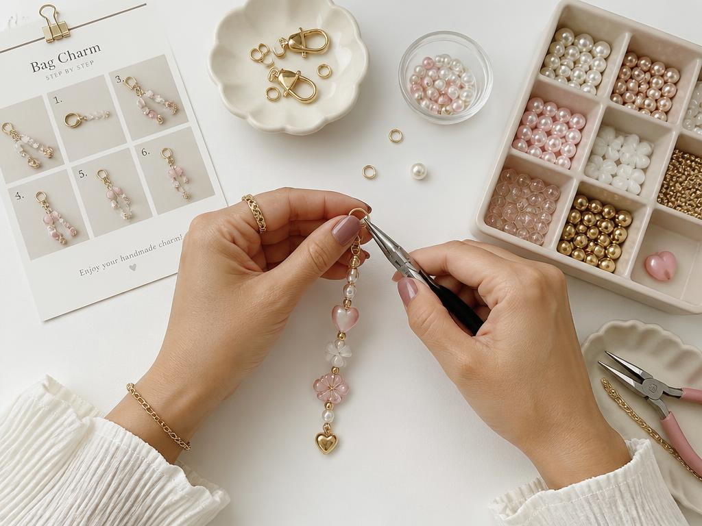 Manos armando un bag charm con perlas y dijes junto a una ficha visual del catálogo